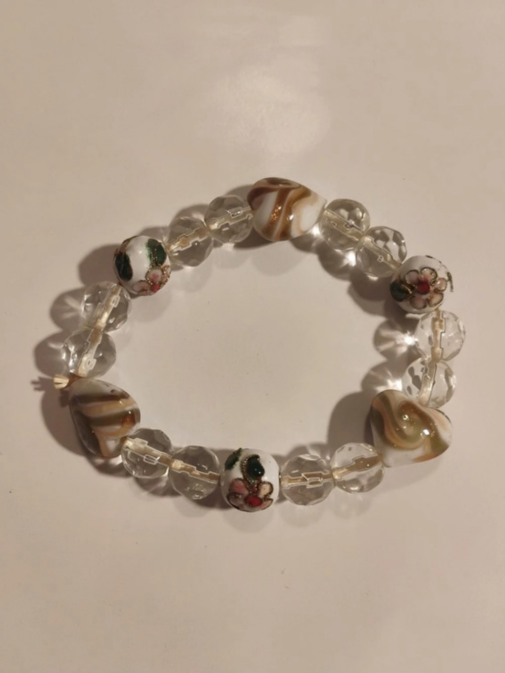 Beaded Heart Charm Bracelet in Clear & White